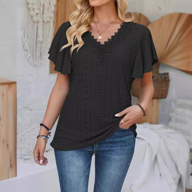 Amazon 2024 Europe and the United States cross-border foreign trade spring and summer new solid color short sleeve loose casual T-shirt lace top