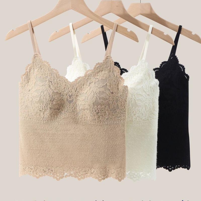 8019 French-style exquisite lace camisole, a sophisticated outfit with built-in bra pads, hyaluronic acid, antibacterial properties, and thin straps, perfect as an inner layer or tank top for women