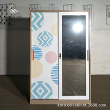 钢制印花衣柜带镜子家用卧室储物柜出租房用简易衣橱推拉门收纳柜