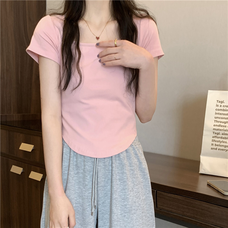 175g Weight Short Sleeve Sleeve Length Polyester Fabric Type Short Top Length T-shirt Tops Type Casual, Daily Occasion Square Neck Neckline Slim Fit Type Solid Color Pattern Spring, Autumn Season Women's Gender Casual, Simple Style Style Wholesale Women's Casual Simple Style Solid Color Short Sleeve T-Shirts 1