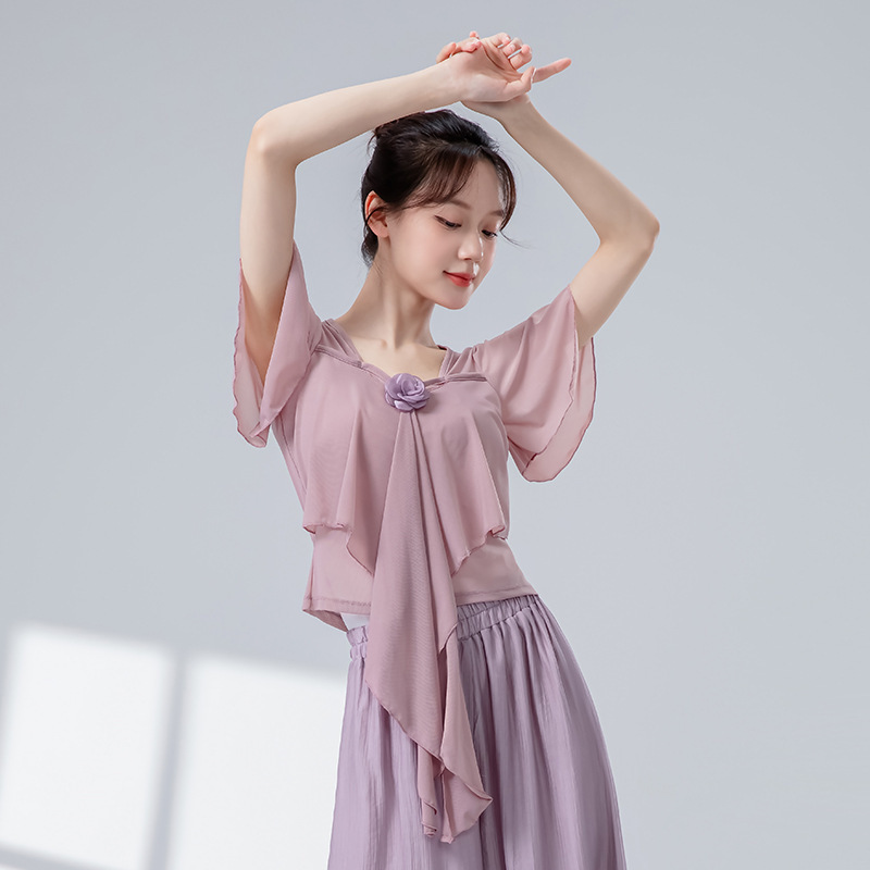 オリジナルデザインの女性用クラシックダンス練習服、夏用二層メッシュ、エレガントで妖精のような花の形をした半袖ガーゼ服|undefined
