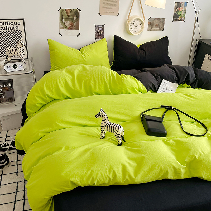 Washed Cotton Four-piece Bedding Set With Fitted Sheet For Home_voghion.com