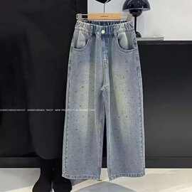 女童烫钻牛仔裤春装2026新款儿童窄版直筒裤子春款女孩阔腿裤洋气