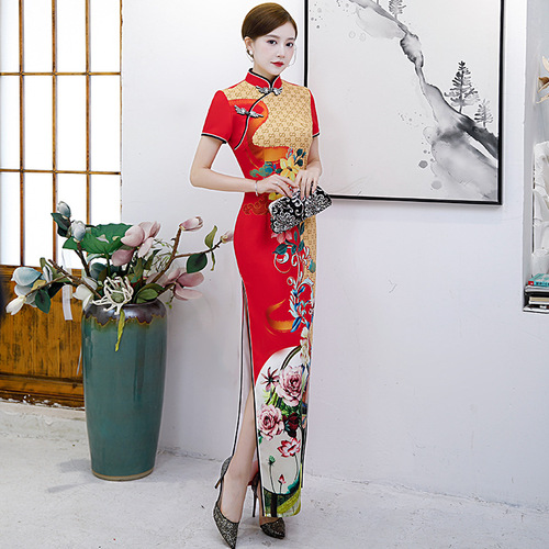 Red blue floral Chinese dresses retro qipao for women model of runway stage costumes young vintage improved vented spring dress