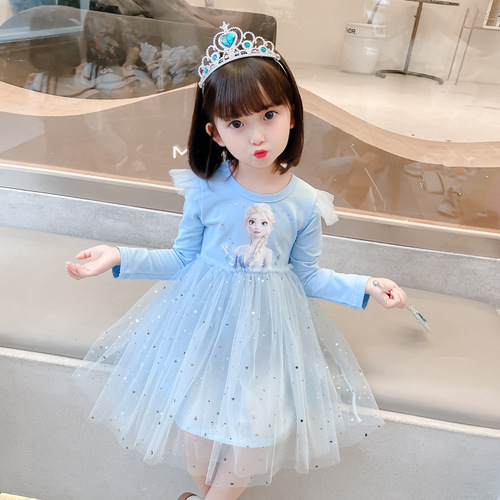 Girls Elsa Princess Dress Autumn 2024 New Baby Short Sleeve Dress Children's Fashionable Frozen Autumn Clothes