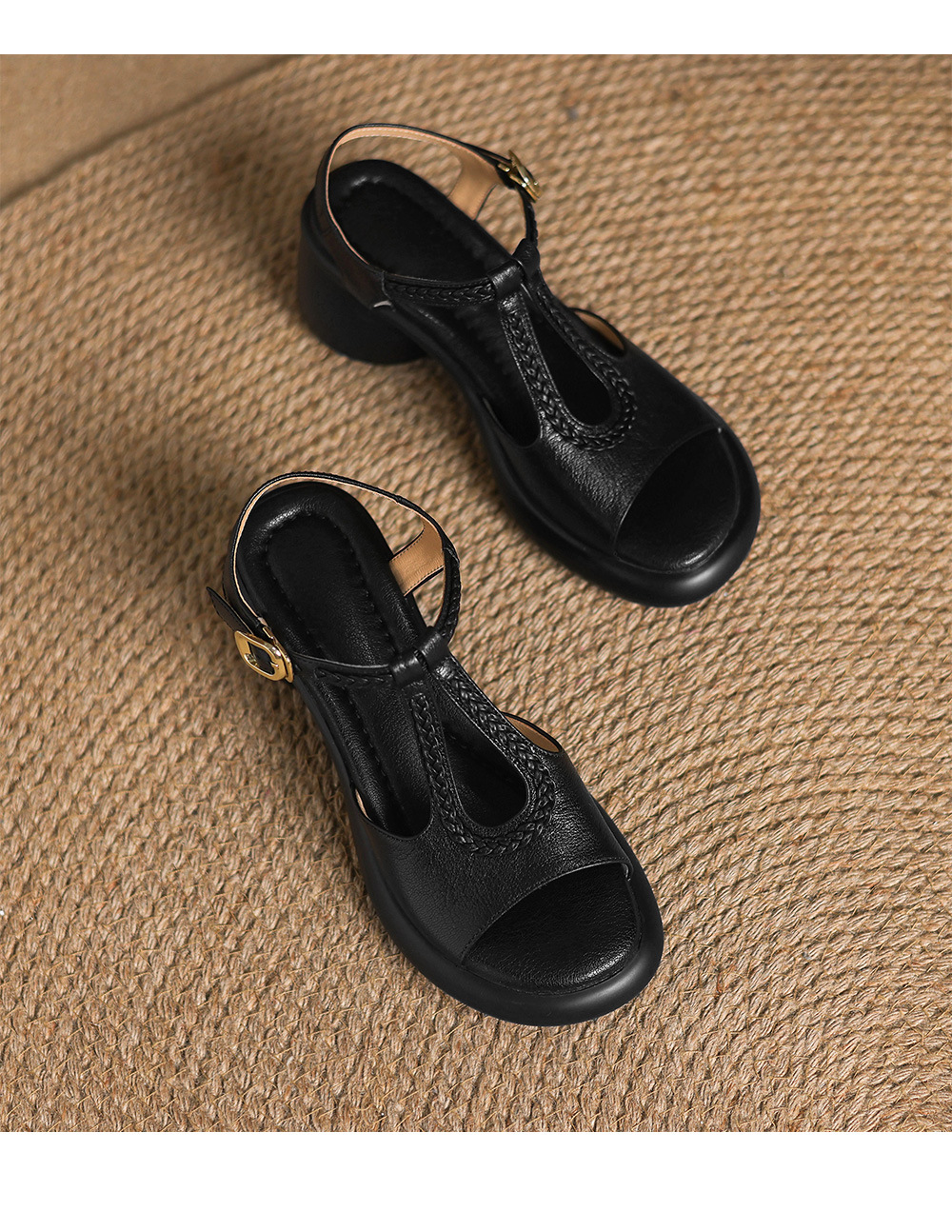 Sandal La Mã cao gót mùa hè size lớn 34-41, đế xuồng gót dày, mũi hở, chất liệu dệt — đen chi tiết 24