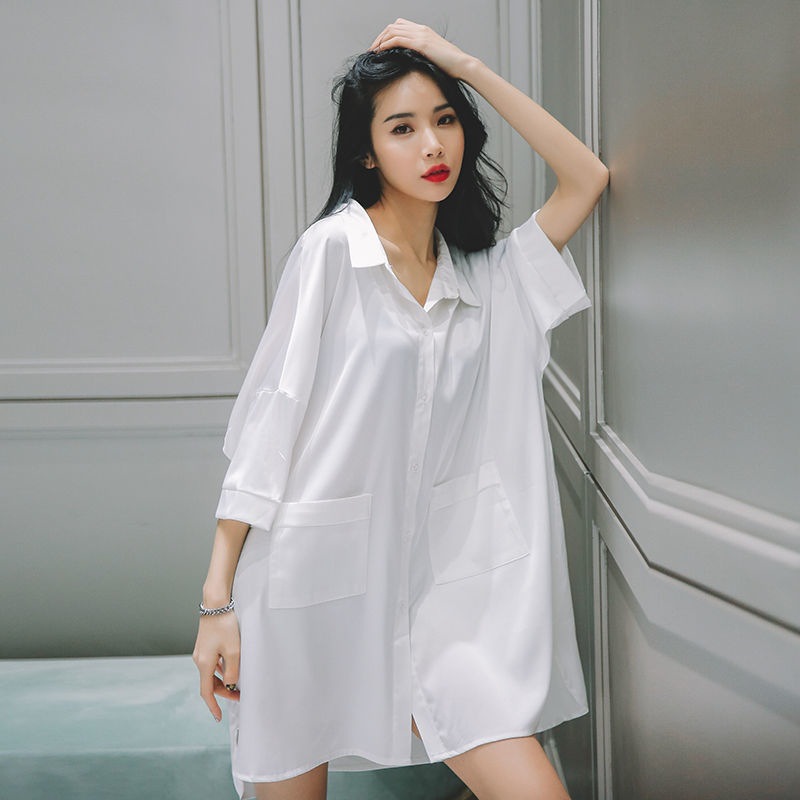 Camisón sexy pijamas de las mujeres de manga corta de gasa mediados de la falda de verano flojo blanco puro estilo novio camisa Palacio estilo ropa para el hogar