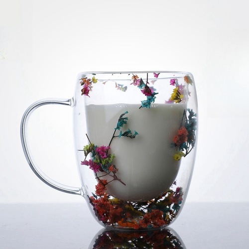 Creative Home Coffee Milk Real Flower Flowing Sand Double Layer Glass Cup with Handle Heat Resistant