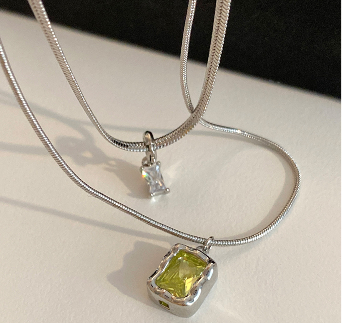 Fashion Square Titanium Steel Layered Necklaces Inlay Artificial Gemstones Stainless Steel Necklaces