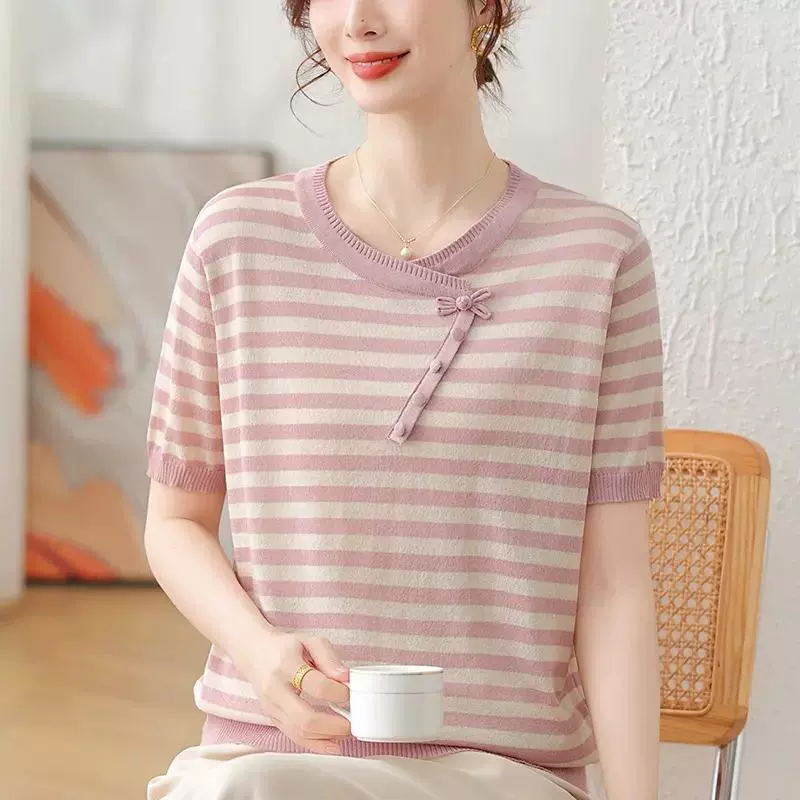 Темперамент с круглым вырезом Новая китайская мода в полоску с короткими рукавами вязаный свитер