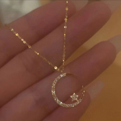 小红书网红热销金色星星月亮项链女超闪满钻锆石锁骨链项链配饰