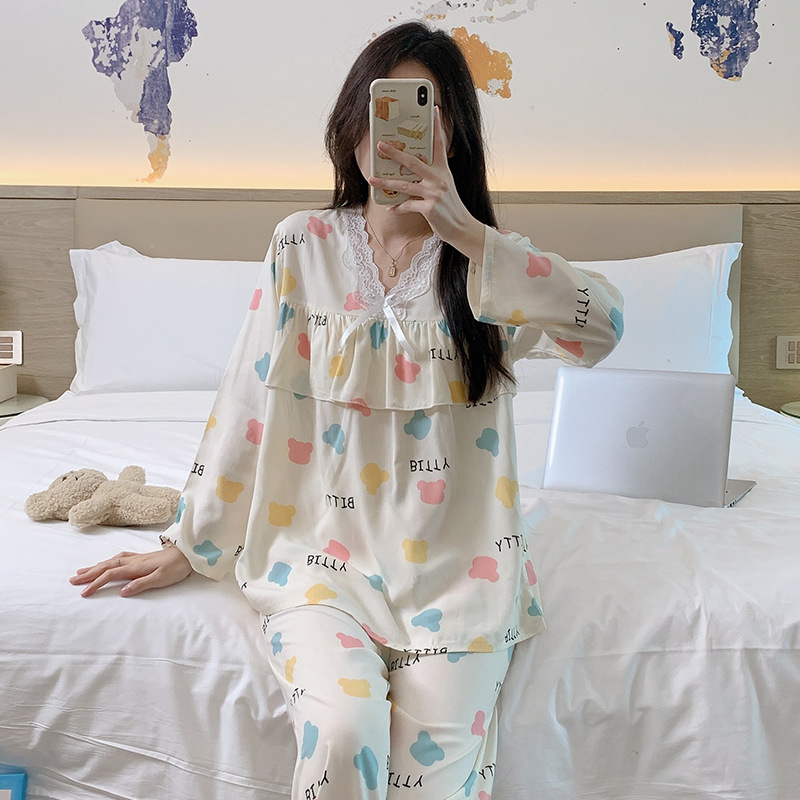 Spring and Autumn women's cotton silk pajamas lace edge printed long-sleeved trousers two-piece anti-bump cute thin pajamas