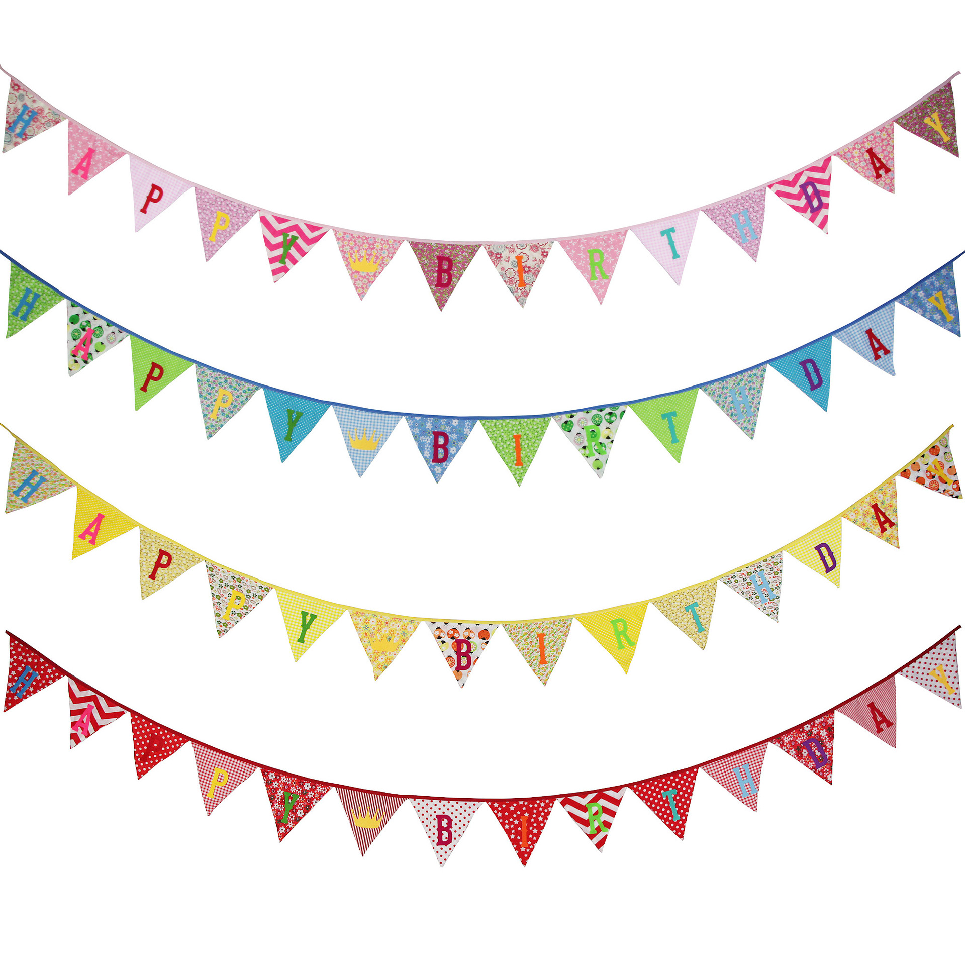 粉紅黃綠4色Happy Birthday三角掛旗露營帳篷兒童生日派對布串旗