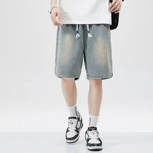 Summer thin star pattern denim shorts for men, straight-leg loose American style casual five-pocket pants