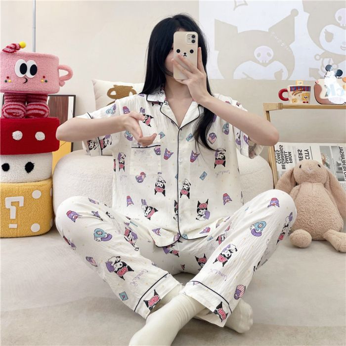 Pijamas transfronterizos al por mayor para mujer nube algodón otoño verano rebeca solapa pantalones de manga corta traje de servicio a domicilio simple y cómodo