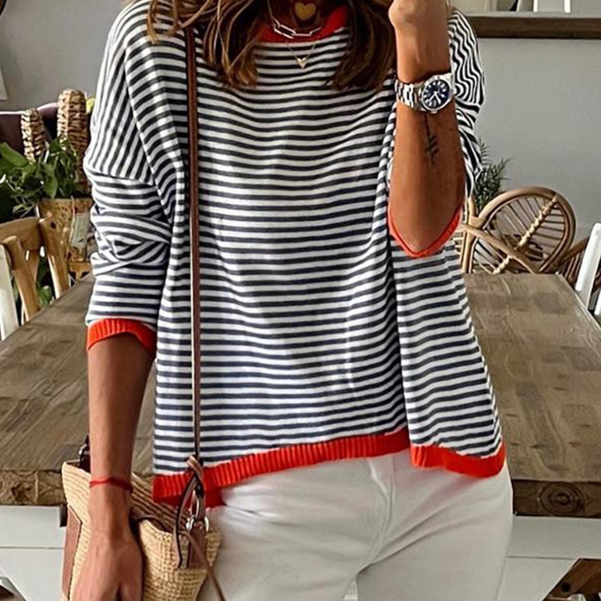 2025 New Style Knitted Sweater, European and American Style, Striped Color Block Design, Drop Shoulder Long Sleeve Top