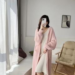 2025冬款新款仿水貂绒连帽毛衣中长款外套针织开衫大衣女