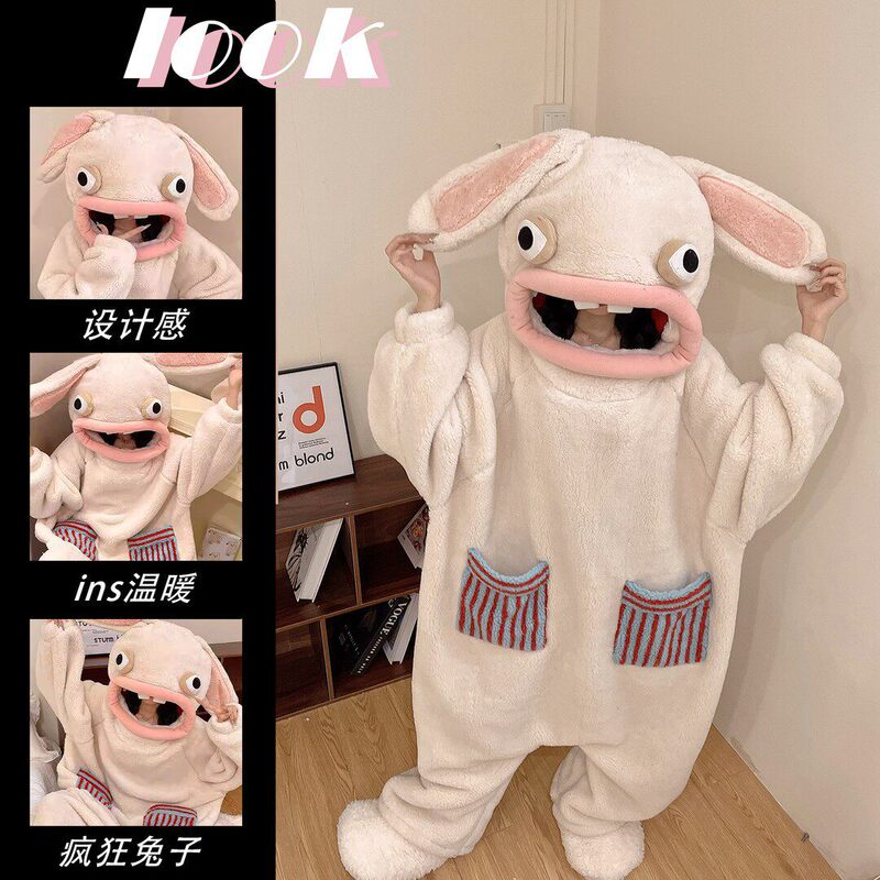 Crazy Rabbit One-Piece Pajamas Autumn and Winter Thick Coral Fleece Hooded Abstract Quirky Ugly-Cute Sleep Robe Loungewear