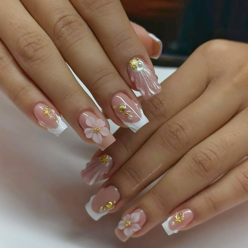Wearable Square-Shaped Glittering Cat-Eye White French-Style 3D Embossed Pearl Shell Detachable False Nails