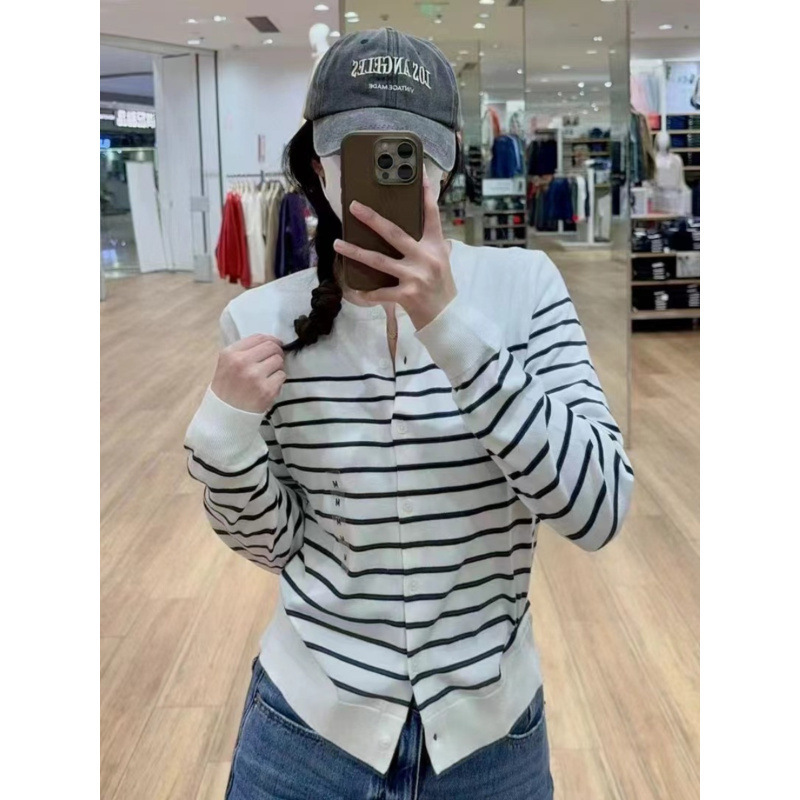 Classic Striped Korean-Style Round-Neck Knit Sweater, Long-Sleeve Women's Early Autumn New Style, Casual Versatile Cardigan Jacket Factory Classic Striped Korean-Style Round-Neck Knit Sweater, Long-Sleeve Women's Early Autumn New Style, Casual Versatile Cardigan Jacket Factory