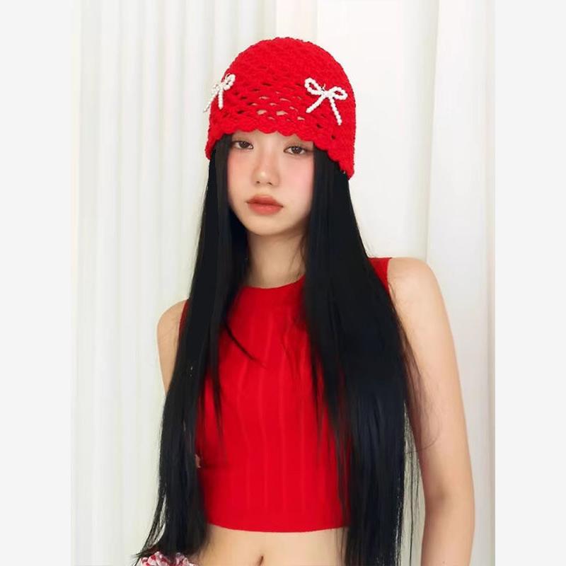 분위기 한국 여성 진주 활 수제 할로우 니트 울 모자 유행 여성 유행 가방 헤드 모자 작은 얼굴