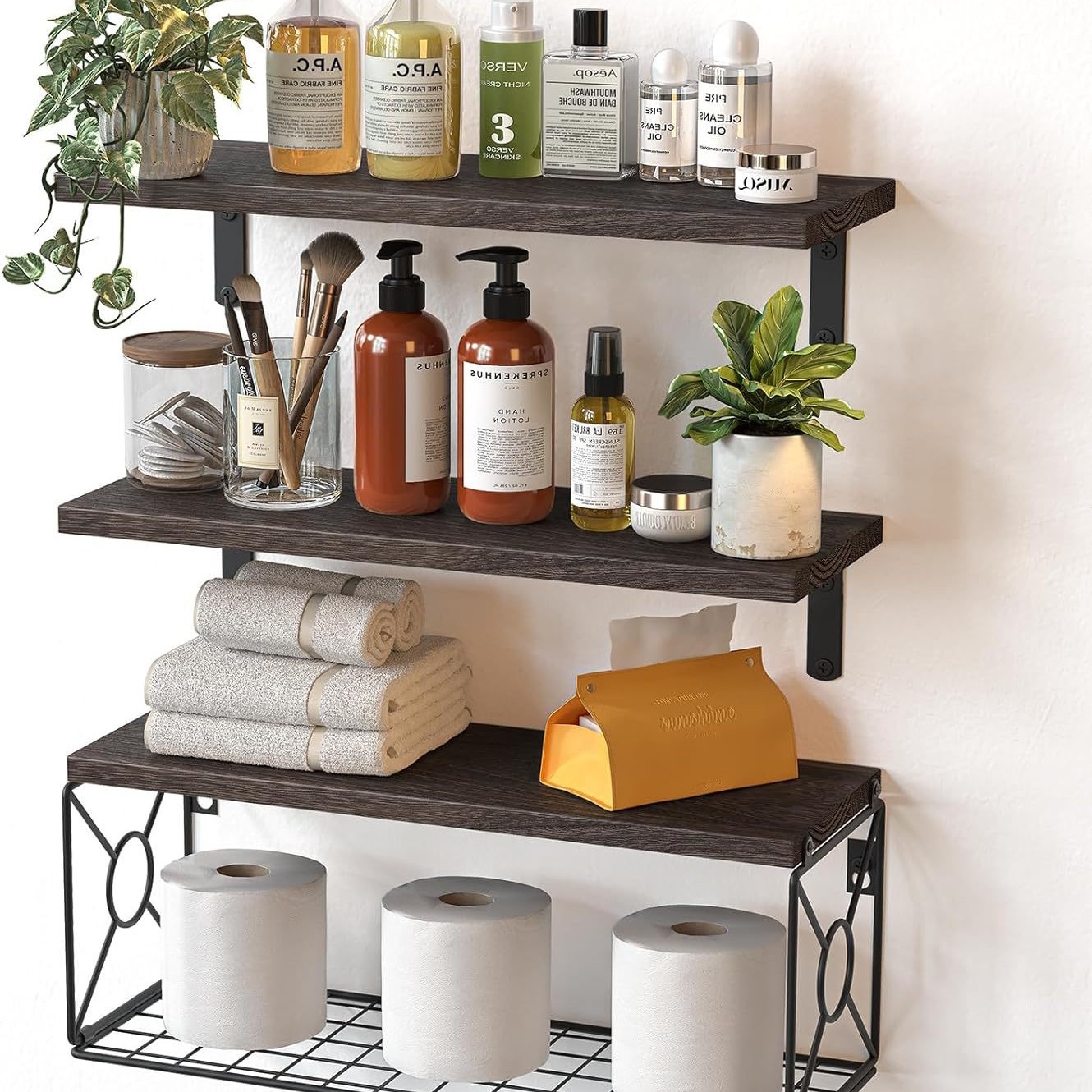 Rack flotante montado en la pared con cesto de almacenamiento Rack de baño de madera Rack de almacenamiento en forma de L Rack de metal