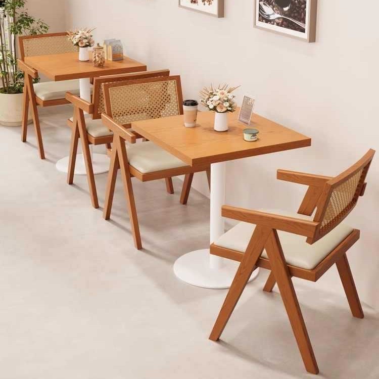 原木风餐桌椅奶茶店甜品店实木藤编餐椅西餐厅日式网红店桌椅组合|undefined