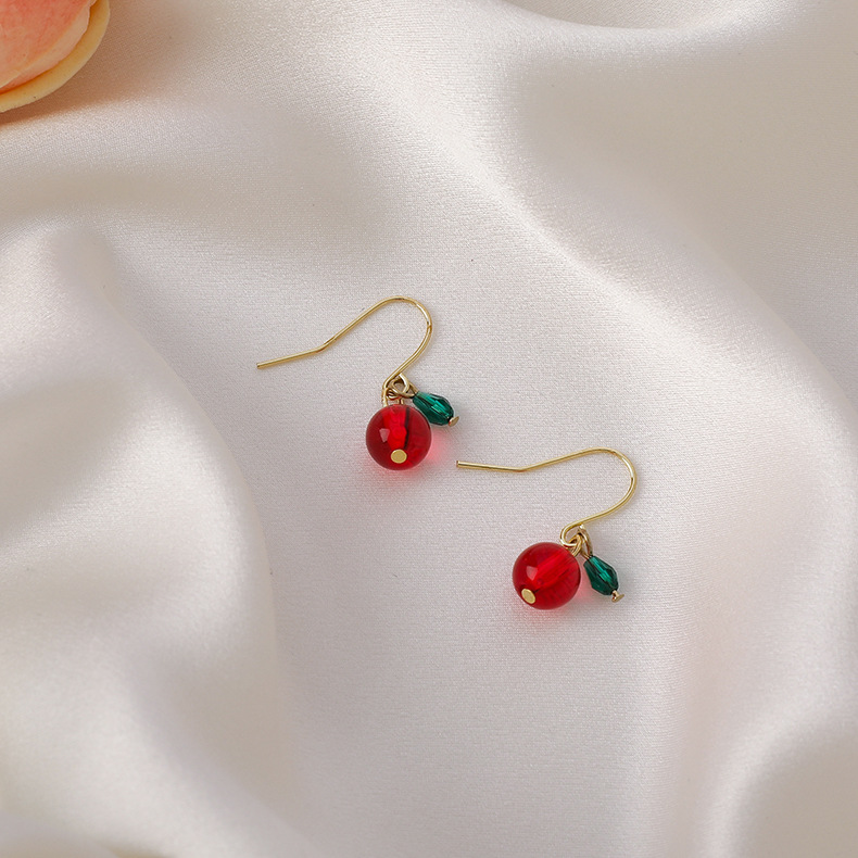 Korean Beaded Little Cherries Earrings display picture 3