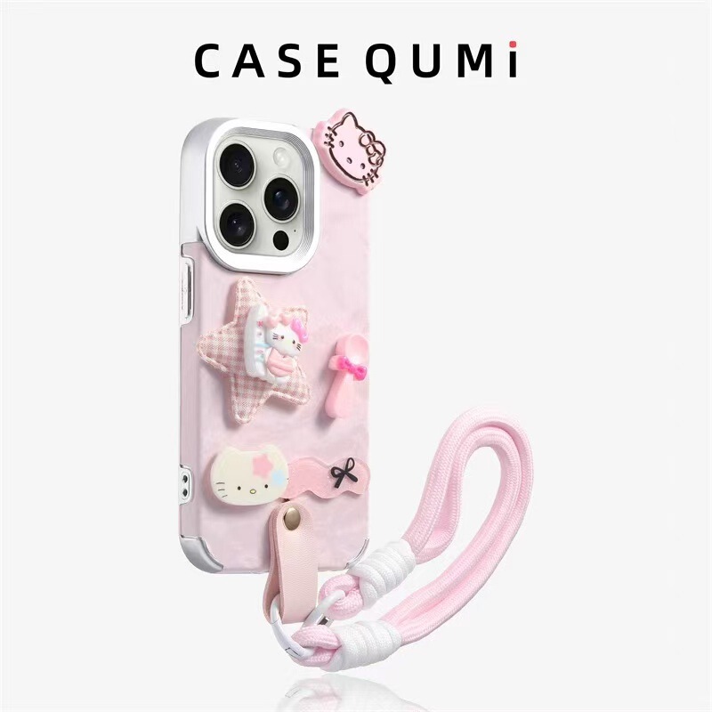 Pink Smudged Plaid Star Kt with Lanyard Suitable for Iphone16Promax Apple 15 Mobile Phone Case 14 New Style 13