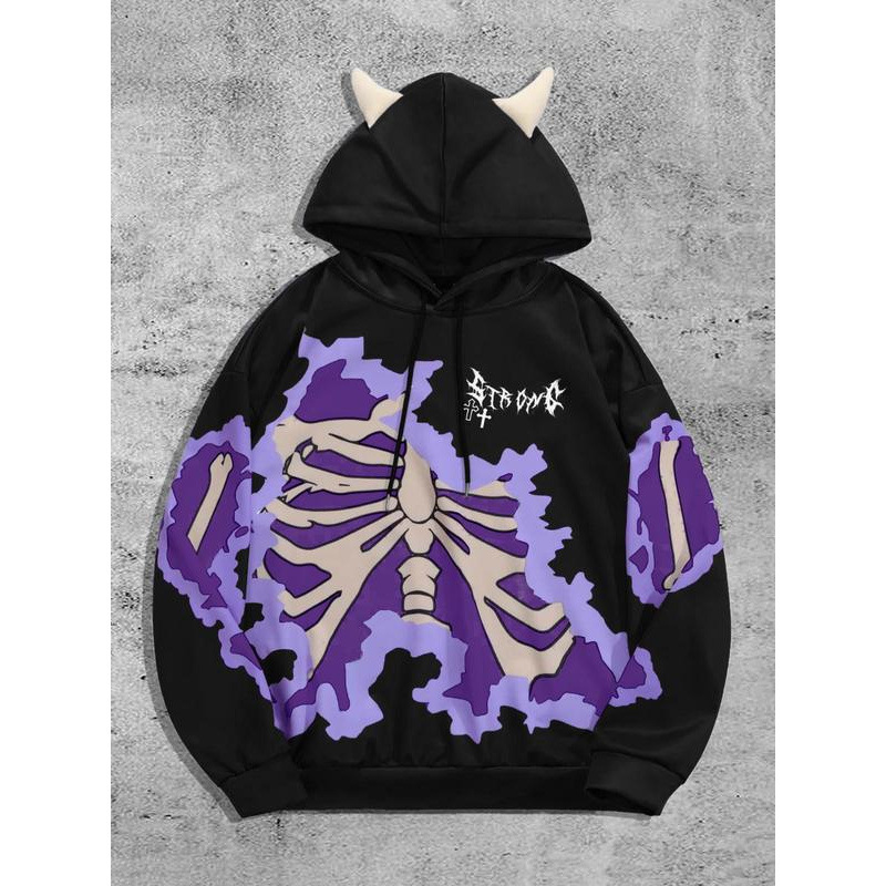 跨境Men's Skeleton & Cross Drop Shoulder Demon Design Hoodie|undefined