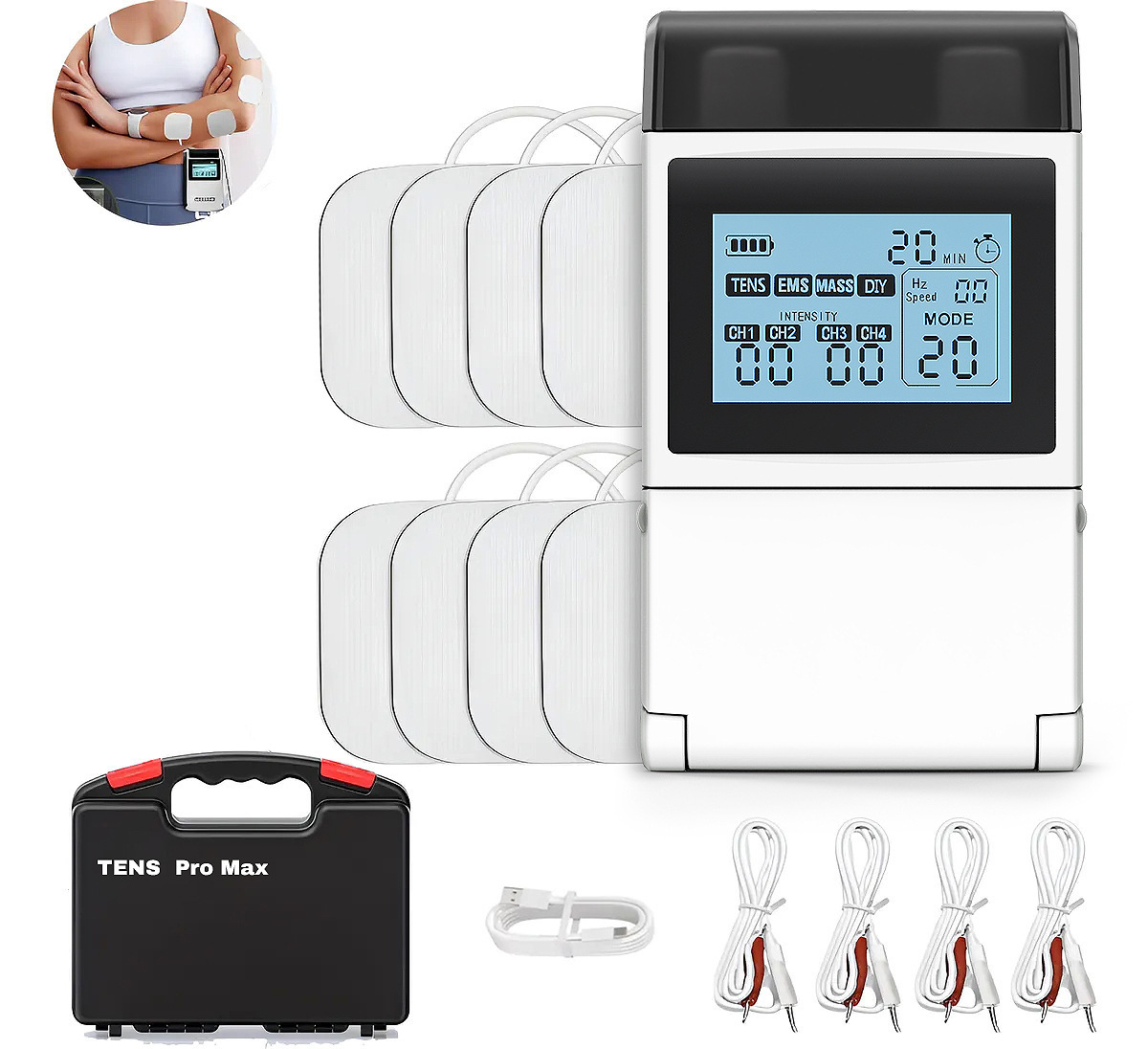 Masaje de pulso del estimulador muscular Tens EMS de modo 60 con Perilla DIY ajuste de pantalla portátil de cuatro canales