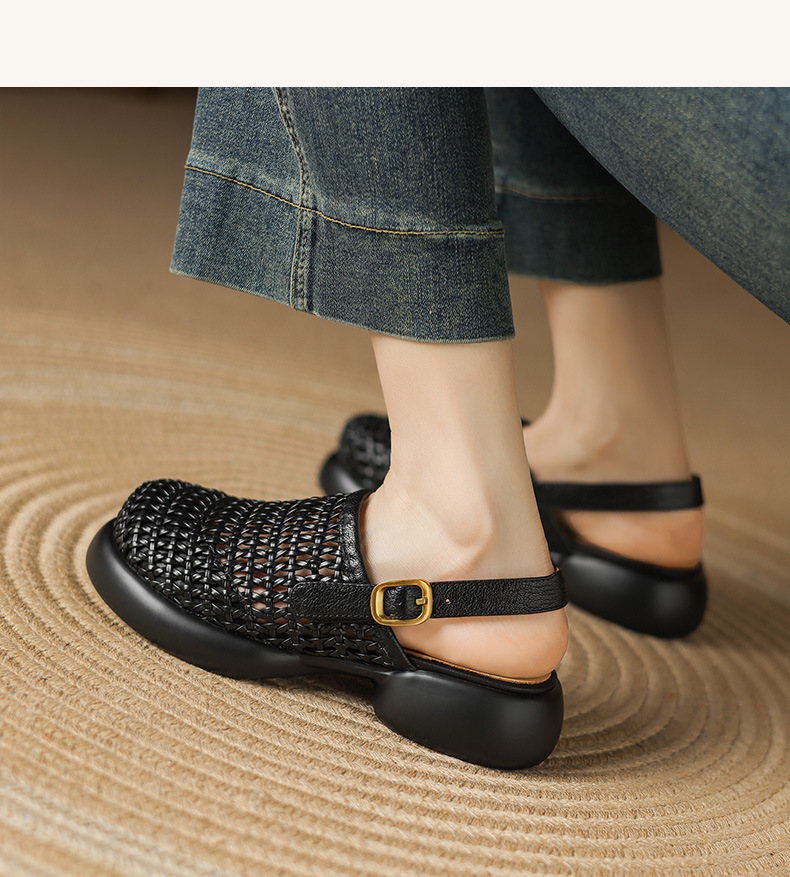 Sandal cao gót nữ đế dày gót vuông mũi hở phong cách La Mã — đen chi tiết 5