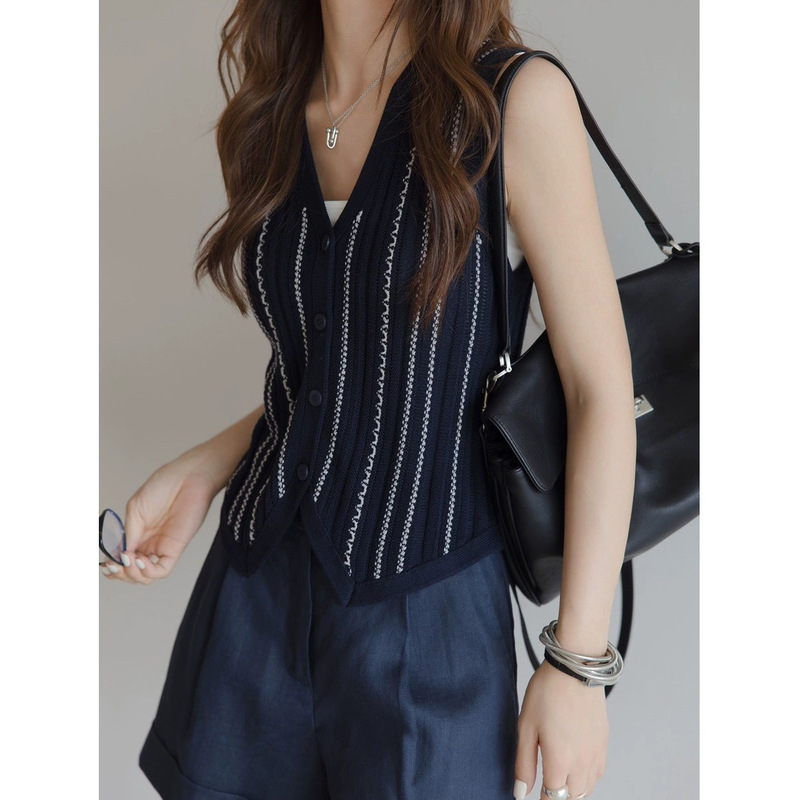 Old Money Style V-Neck Two-Tone Woven Button Sleeveless Vest Knit Cardigan Women's Fashion Slim Fit Top
