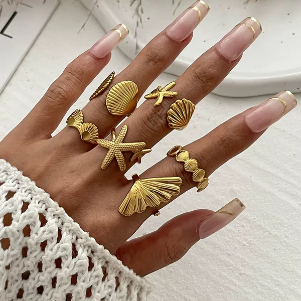 European and American Cross-border Vacation Starfish Metal Opening Ring ins 6-piece Set Star Scallop Joint Ring for Women