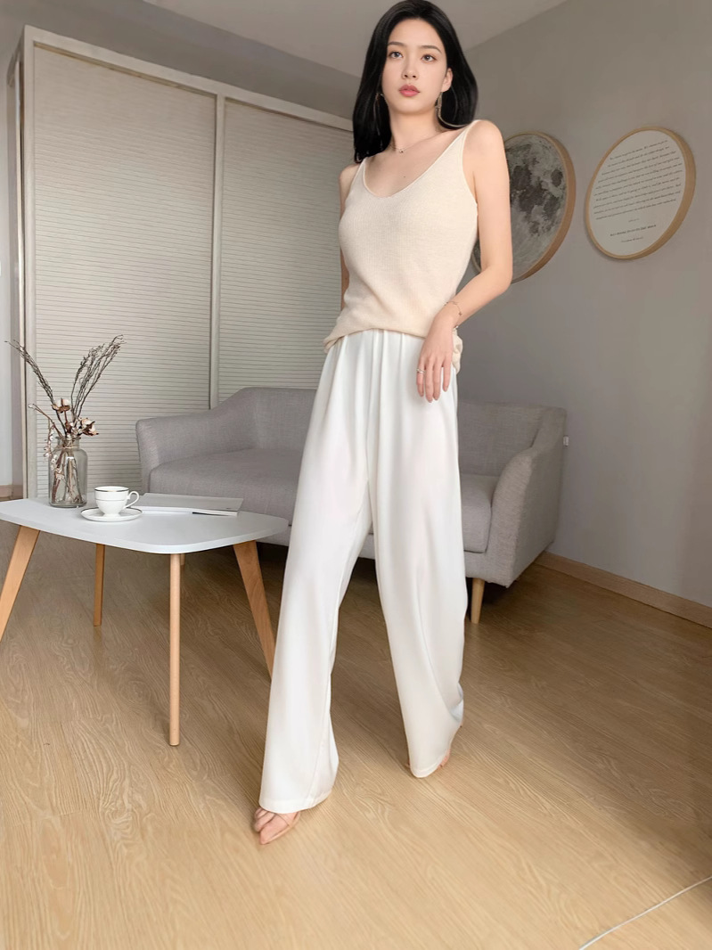 Quần âu nữ ống rộng chất liệu acetate satin cao cấp dáng xòe mùa hè — sâm panh