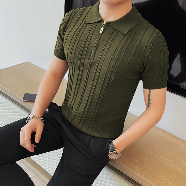 Polo camiseta de punto camiseta de manga corta hombre solapa media cremallera rayas viejas camisetas de hielo de viento de verano fábrica transfronteriza al por mayor