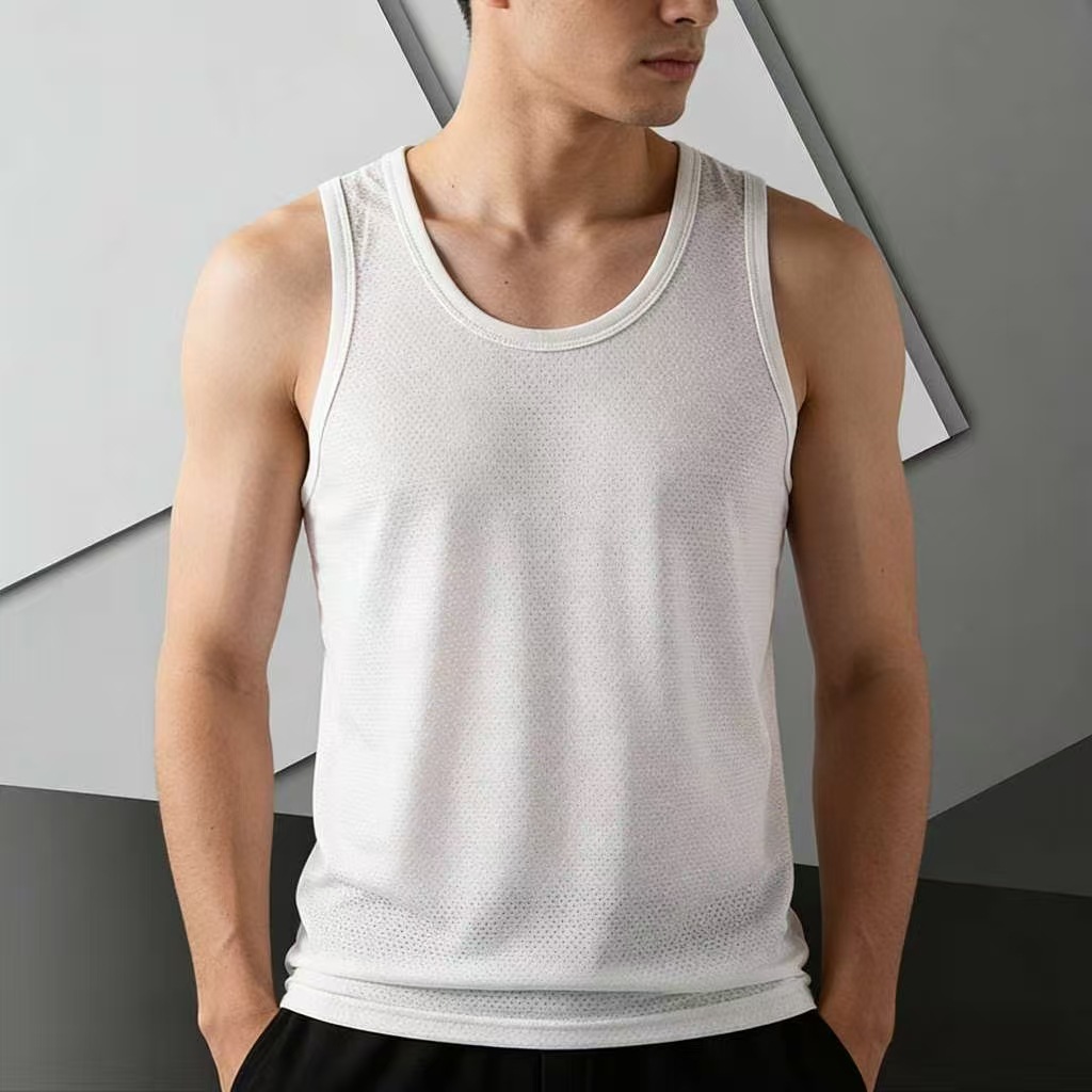 New Summer Ice Silk Mesh Sports Vest, Breathable, Hollowed-out, Men's Elastic Sleeveless Running Fitness Thin Vest