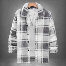 亚马逊跨境男装冬外套加绒保暖双面北极绒格子翻领开衫上衣抓绒衫