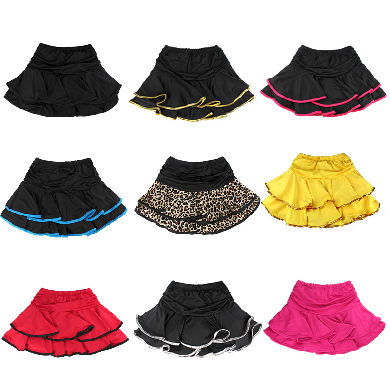 Disfraz de baile para niños, falda latina de media longitud de seda de leche con estampado de leopardo, falda de práctica de doble capa, falda de baile latino para niñas, ropa de práctica