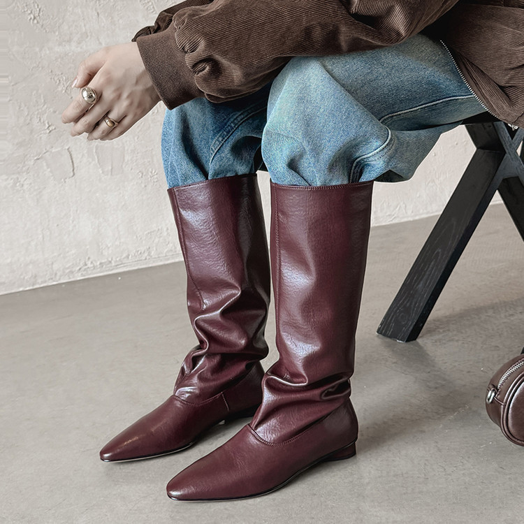 Cowhide Knight Boots Women's Straight Long Boots New Pointed Toe Low Heel Sleeve Wide Tube High Boots Women's Genuine Leather Knee Boots