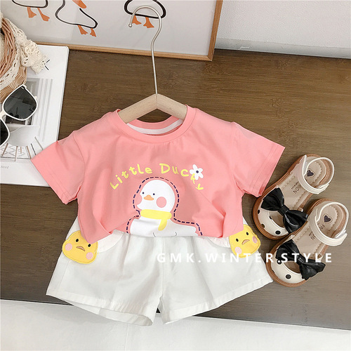 Baby girl cute duck suit T-shirt shorts sports summer style children's style new cartoon two-piece set