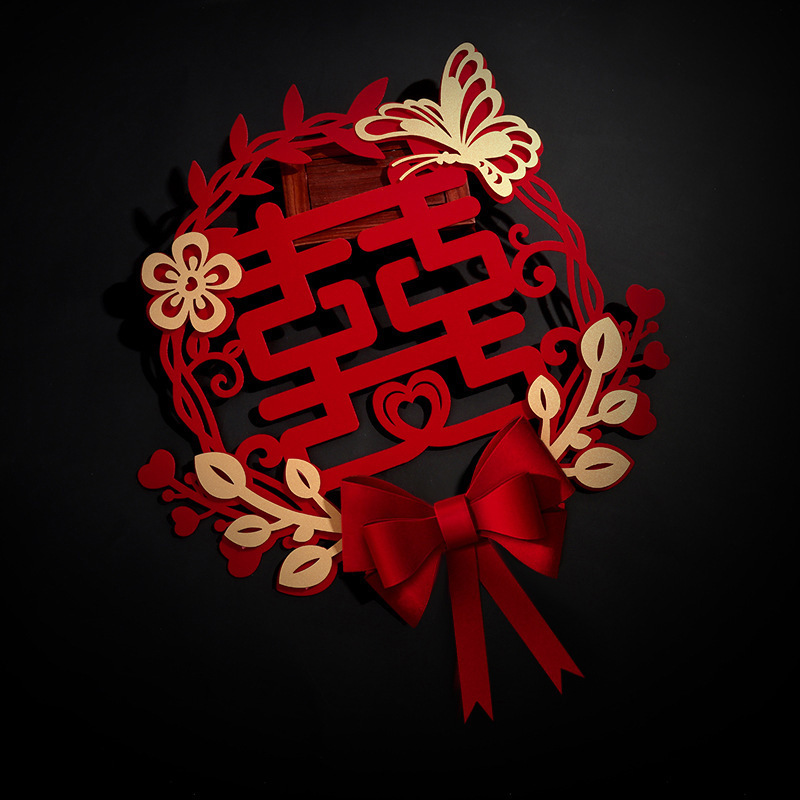 Three-dimensional oversized cardboard happy word door stickers with bow flocking wedding supplies wholesale wedding room living room decoration stickers layout