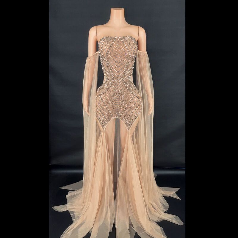 High-Quality Fashionable Strapless Pearl Mesh Long-Sleeve Fitted Long Dress Evening Gown for Women, European and American Cross-Border Foreign Trade