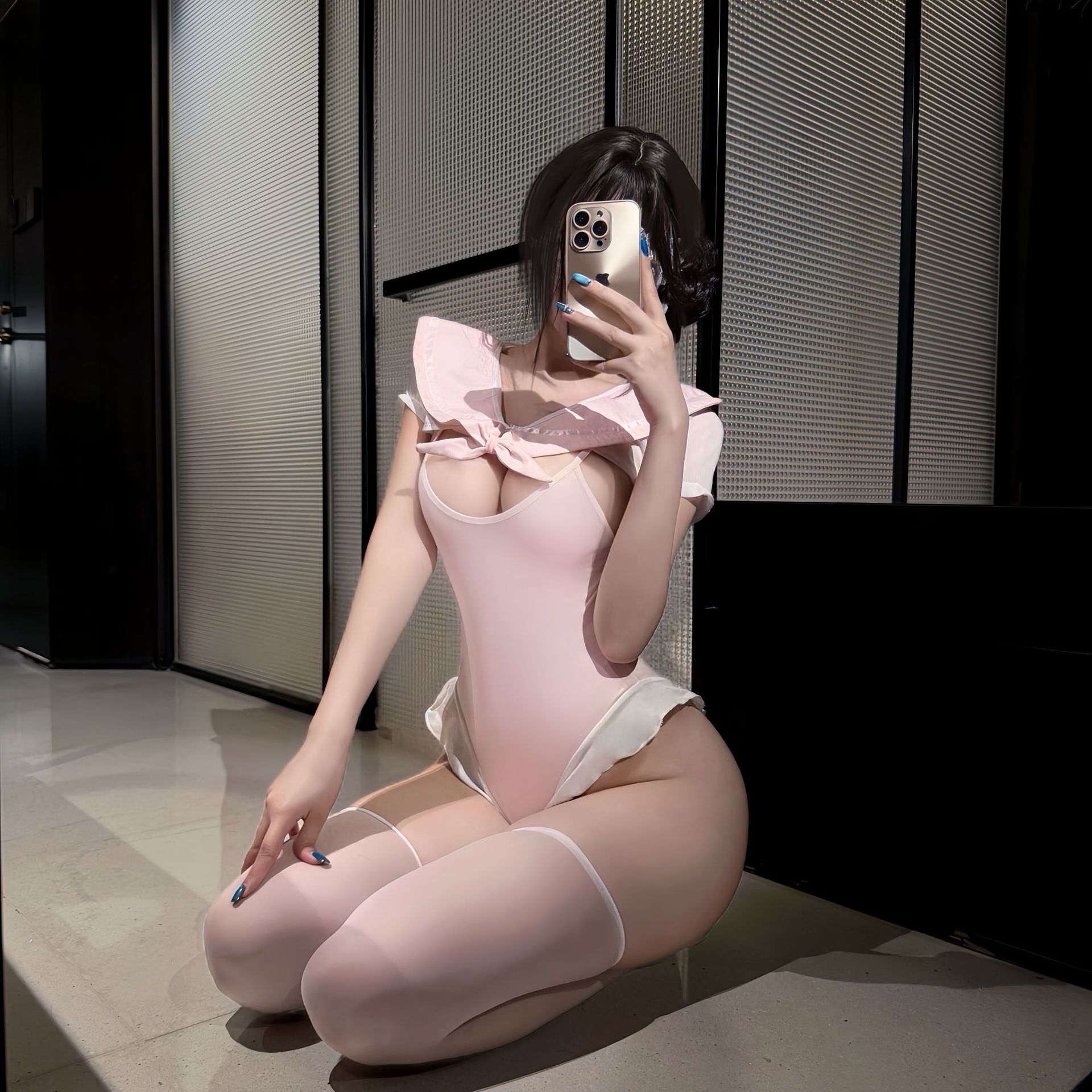 Sailor-Style Open-Crotch Bodysuit Lingerie Set with Sheer Mesh and Stockings — detail image 7