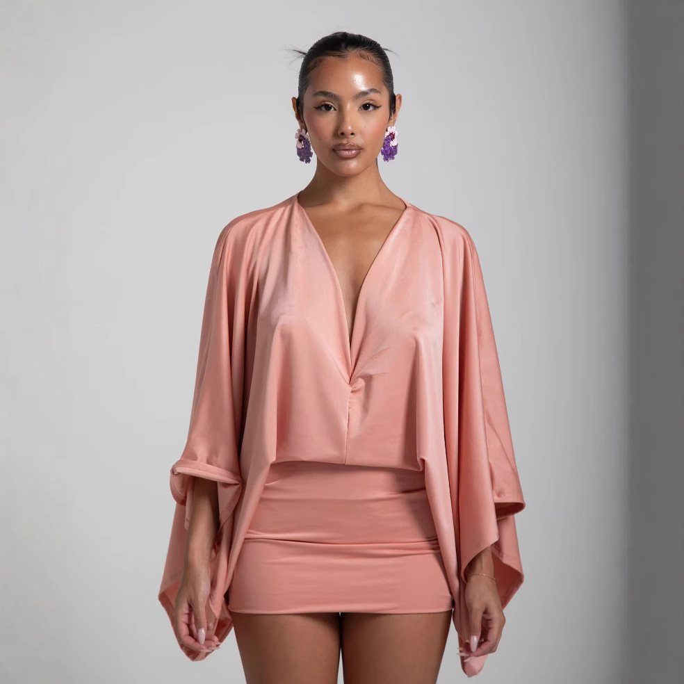 Women's Summer V-Neck Patchwork Mini Dress – Casual & Comfortable Solid Color Dress For Everyday Wear_ecoleips.com