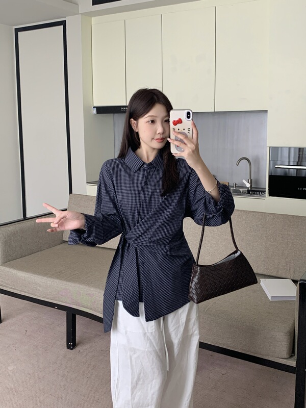 2025年大码女装秋季新款法式设计感绑带收腰不规则衬衫小众上衣|undefined