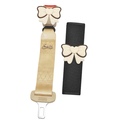 Car seat belt – for Pregnant Women Driving, Anti-Belly-Strangling - brown-edge-beige-bow-beige-retainer-shoulder-pads