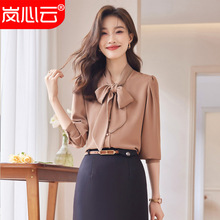 白色衬衣女长袖酒店前台空姐制服韩版美容师工作服蝴蝶结职业衬衣