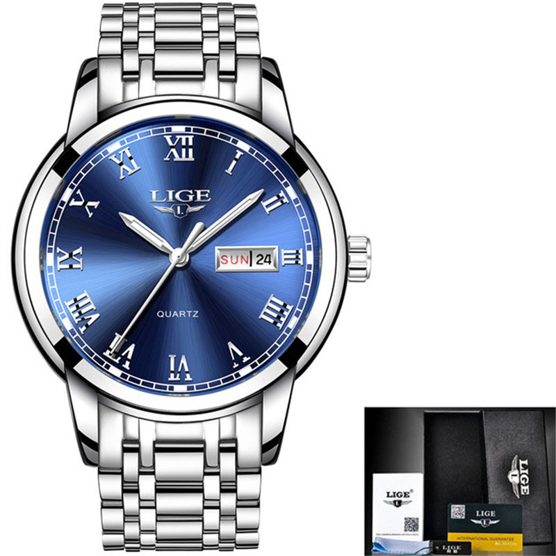 LIGE 9846-Semana banda de acero disco reloj de negocios elegante personalidad calendario hombres reloj casual transfronterizo