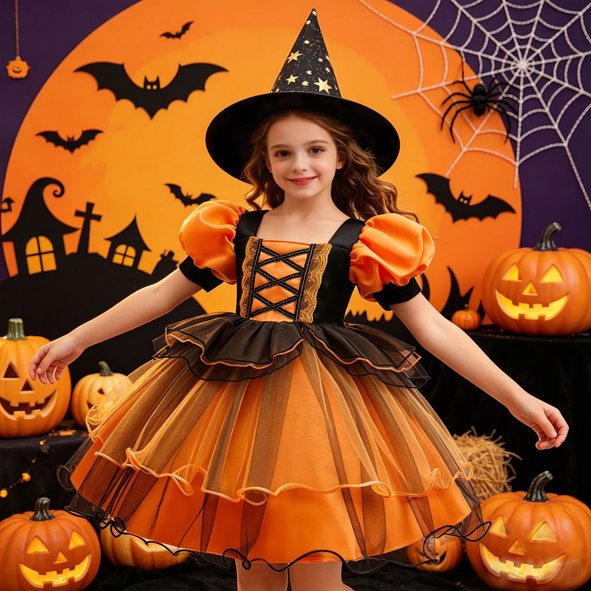 Nuevas vestidas de princesa de niñas transfronterizas vestidas de Halloween vestidas de brujas cosplay manga burbuja calabaza malla de tela